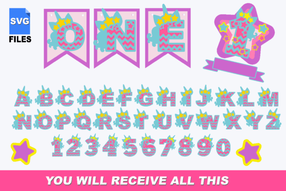 Unicorn Alphabet Banner with Numbers 3D SVG
